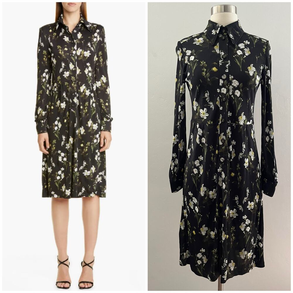 ERDEM Tullio Daffodil Floral Shirt Dress Women's Size 2 Black Long Sleeve Modest